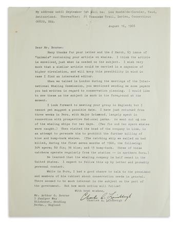 LINDBERGH THE CONSERVATIONIST (AVIATORS.) CHARLES A. LINDBERGH. Three Typed Letters Signed, to Arthur G. Bour...